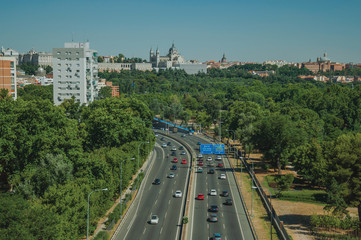 Highway with heavy traffic and trees in Madrid