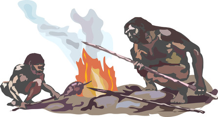 Two Neanderthals. Two cavemen are sitting on stones by the smoking fire holding spears in their hands.