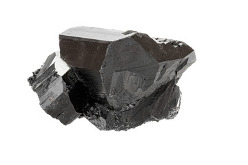 Macro stone black mineral tourmaline Scherl on white background