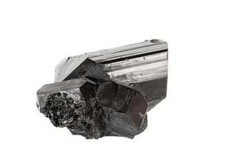 Macro stone black mineral tourmaline Scherl on white background