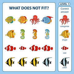Set of logical tasks for children on the sea animals and fish theme