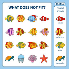 Set of logical tasks for children on the sea animals and fish theme