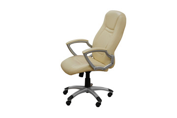 beige office leather chair on wheels isolated on white background