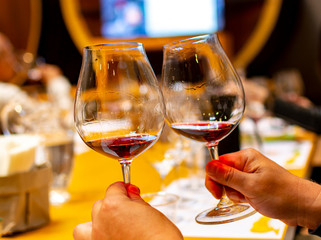 Professional wine tasting, sommelier course, looking at red dry wine in wine glass