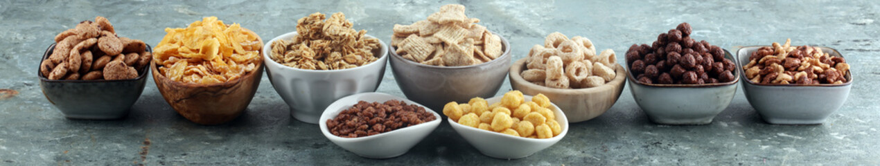Cereal. Bowls of various cereals for breakfast. Muesli with kids cereals.
