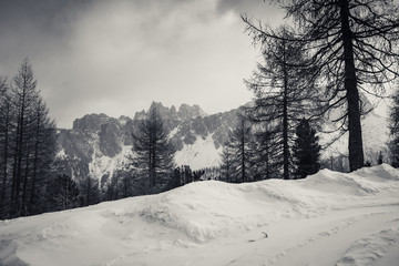 dramatic black and white foggy snowcapped peaks mountain range in dolomites in wintertime, giau pass, italy
