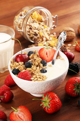 Cereal. Bowl of granola cereals, fruits and milk for breakfast. Muesli with cereals.