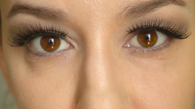 Girls's face with long false lashes looks at camera and closes her brown eyes. Closeup beautiful female model with vogue makeup