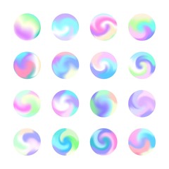 Rounded holographic gradient sphere button. Multicolor purple yellow orange pink cyan fluid circle gradients, colorful soft round buttons or vivid color spheres flat vector set - Vector graphics.