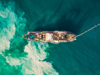 Aerial view of sand dredging boat in Persian Gulf, Dubai, UAE.