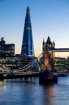 UK, England, London, Tower Bridge and Shard, dusk