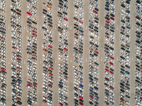 Aerial view of cars parked outside Motiongate theme park, Dubai, UAE
