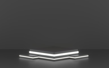 Round podium, pedestal or platform, illuminated by led spotlights. illustration. Bright lightpodium. Advertising place. Blank product stand and with light. Empty showcase. 3d Rendering.