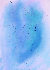 Hand drawn watercolor pink and blue stains with black ink blots