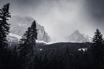 Obraz premium dramatic black and white foggy snowcapped peaks mountain range in dolomites in wintertime, giau pass, italy