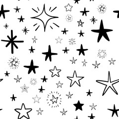 Hand drawn stars set. Star doodles seamless pattern texture.