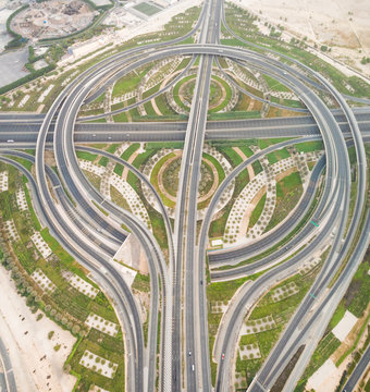 Aerial view of geometrical traffic lanes in Dubai, U.A.E.