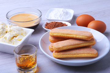 ingredient for homemade tiramisu cake in close up.