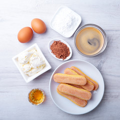 ingredient for homemade tiramisu cake in close up. Top View.