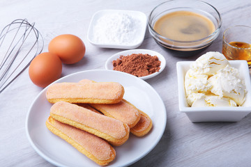 ingredient for homemade tiramisu cake in close up.