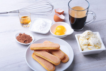 ingredient for homemade tiramisu cake in close up.