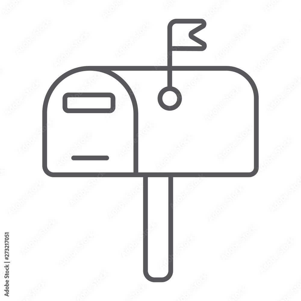 Poster mailbox thin line icon, post and address, pobox sign, vector graphics, a linear pattern on a white b