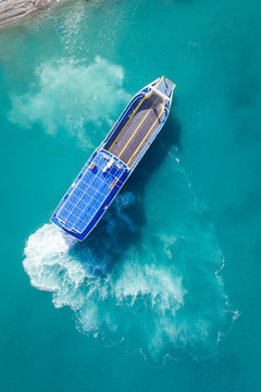 Aerial view of a car ferry in Gulf of Corinth, Greece.