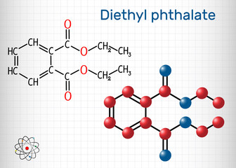 Diethyl phthalate, DEP plasticizer molecule, is a phthalate ester. Structural chemical formula and molecule model. Sheet of paper in a cage