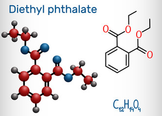 Diethyl phthalate, DEP plasticizer molecule, is a phthalate ester. Structural chemical formula and molecule model
