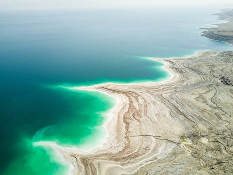 Aerial view of the salty Dead Sea.