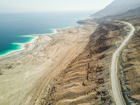 Aerial view of the salty Dead Sea.