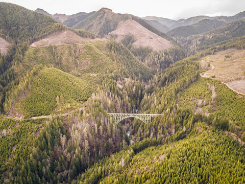 Aerial view of Vance Creek Bridge in Shelton, Washington, USA.