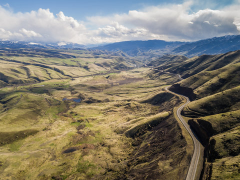Aerial view of the Old HWY 95 road in White Bird Idaho, USA.
