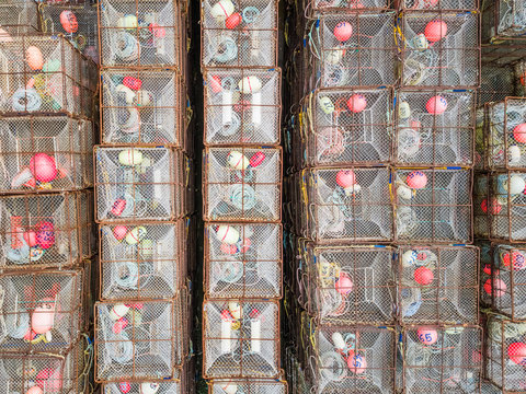Aerial view of fishing cage in an harbour in Alaska.