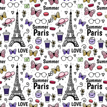 Seamless pattern Summer Paris, Eiffel Tower, butterfly. Vector hand drawn sketch isolated on white