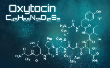 Chemical formula of Oxytocin on a futuristic background