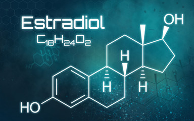 Chemical formula of Estradiol on a futuristic background
