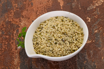 Peeled hemp seeds in the bowl