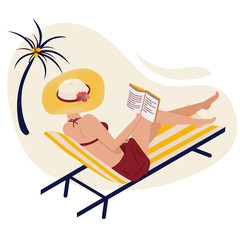 Girl in summer on the beach reads. A woman is lying in a striped chaise lounge in a fashionable striped hat. Remote learning. Vector isometric image