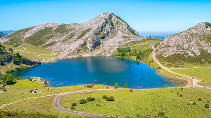 Amazing landscape of Covadonga Lakes (Lagos de Covadonga) in Picos de Europa National Park, Asturias, Spain