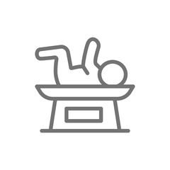 Baby on scale, weight scale for infant line icon.