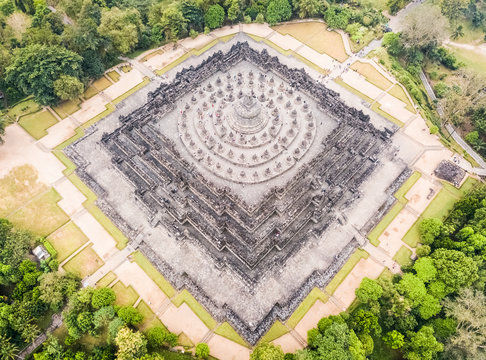 Aerial view of the world's largest buddhist temple Borobudur in Java, Indonesia.