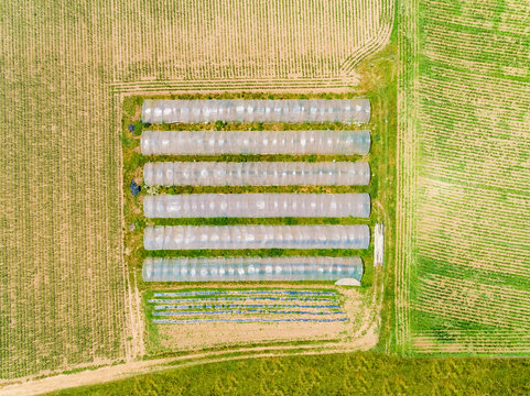 Aerial view of plastic greenhouses in Correze, France.