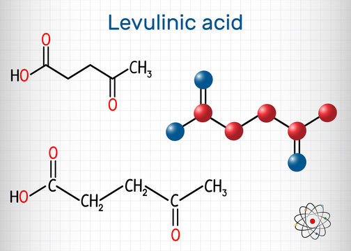 Levulinic acid molecule, is a crystalline keto acid prepared from levulose, inulin, starch. Sheet of paper in a cage. Structural chemical formula and molecule model