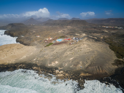 Aerial view of volcanic landscapes on The Punta Guadalupe in Fuerteventura, Canary Islands.