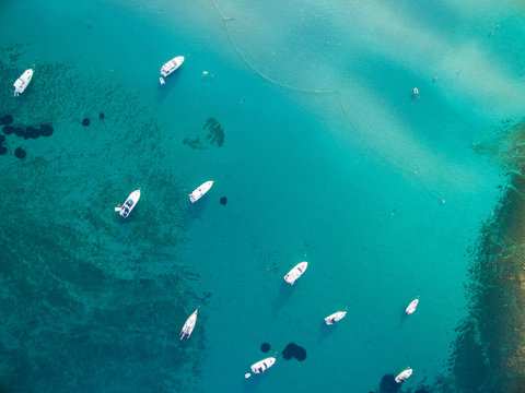 Aerial view of boats in Slatinica bay on the island of Olib, Croatia.