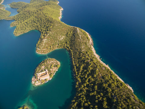 Aerial view of Monastery of Saint Mary on Mljet island, Croatia.