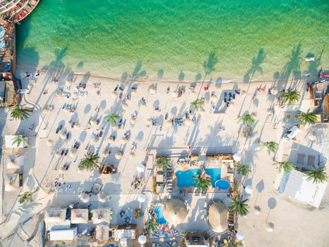 PAG, CROATIA - AUGUST 30, 2014: Aerial view of beach and clubs at popular Zrce beach
