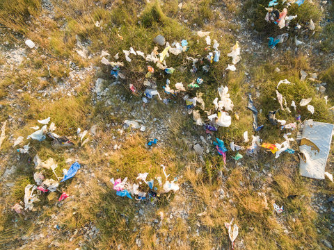 Aerial view of plastic bags pollution on island of Pag, Croatia.