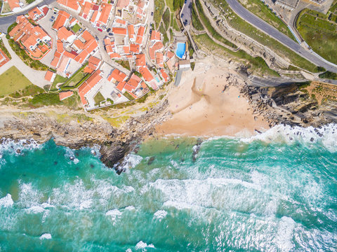 Aerial view above Azenhas do Mar Village